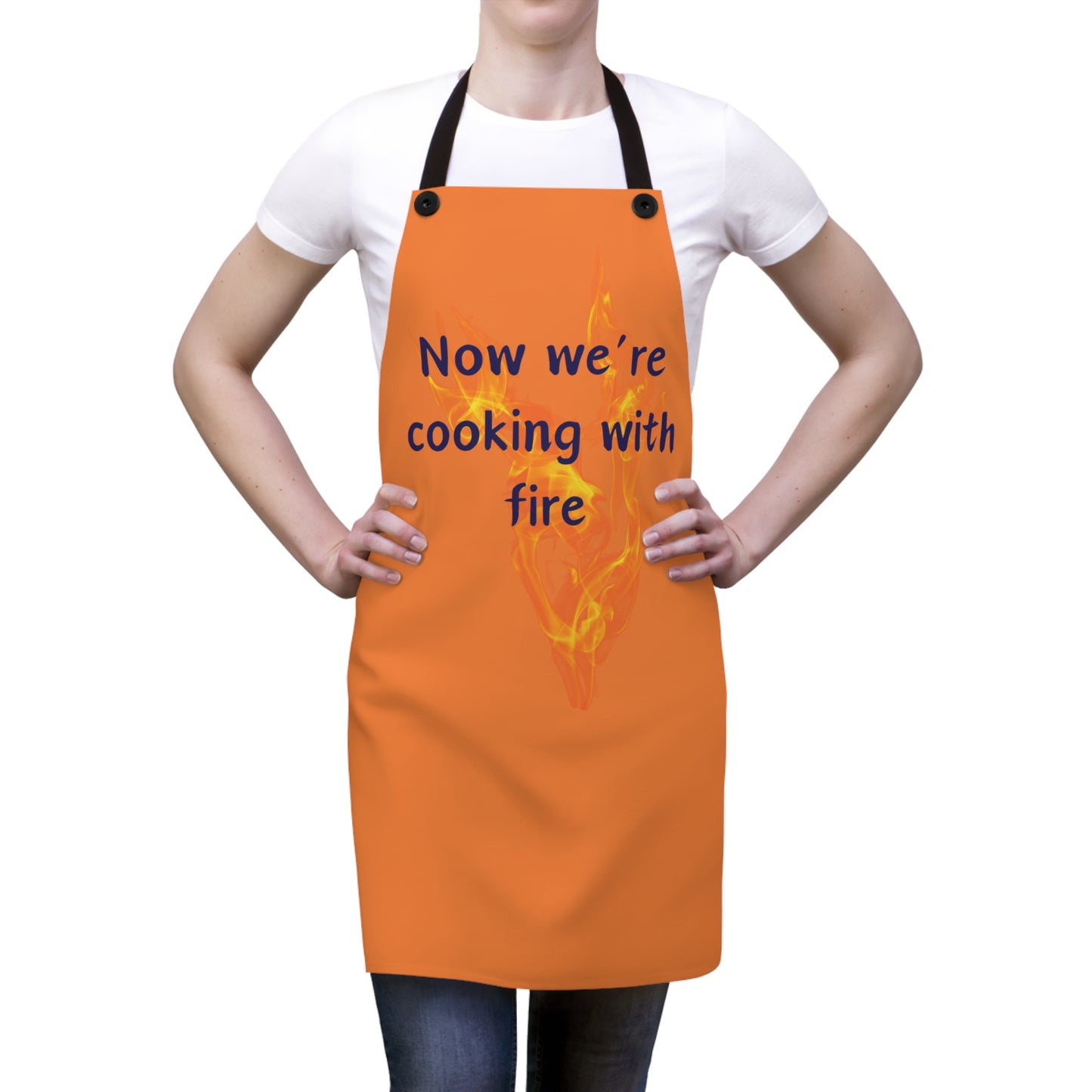 "Now We're Cooking With Fire" (blue on light orange) Apron CF13blo