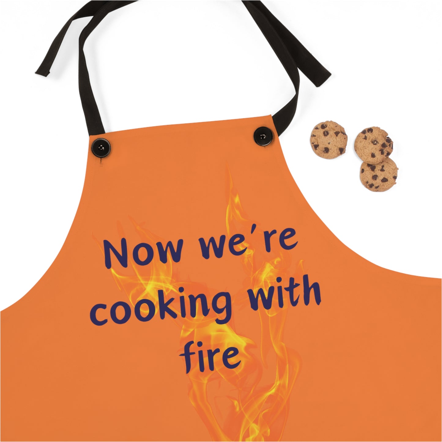 "Now We're Cooking With Fire" (blue on light orange) Apron CF13blo