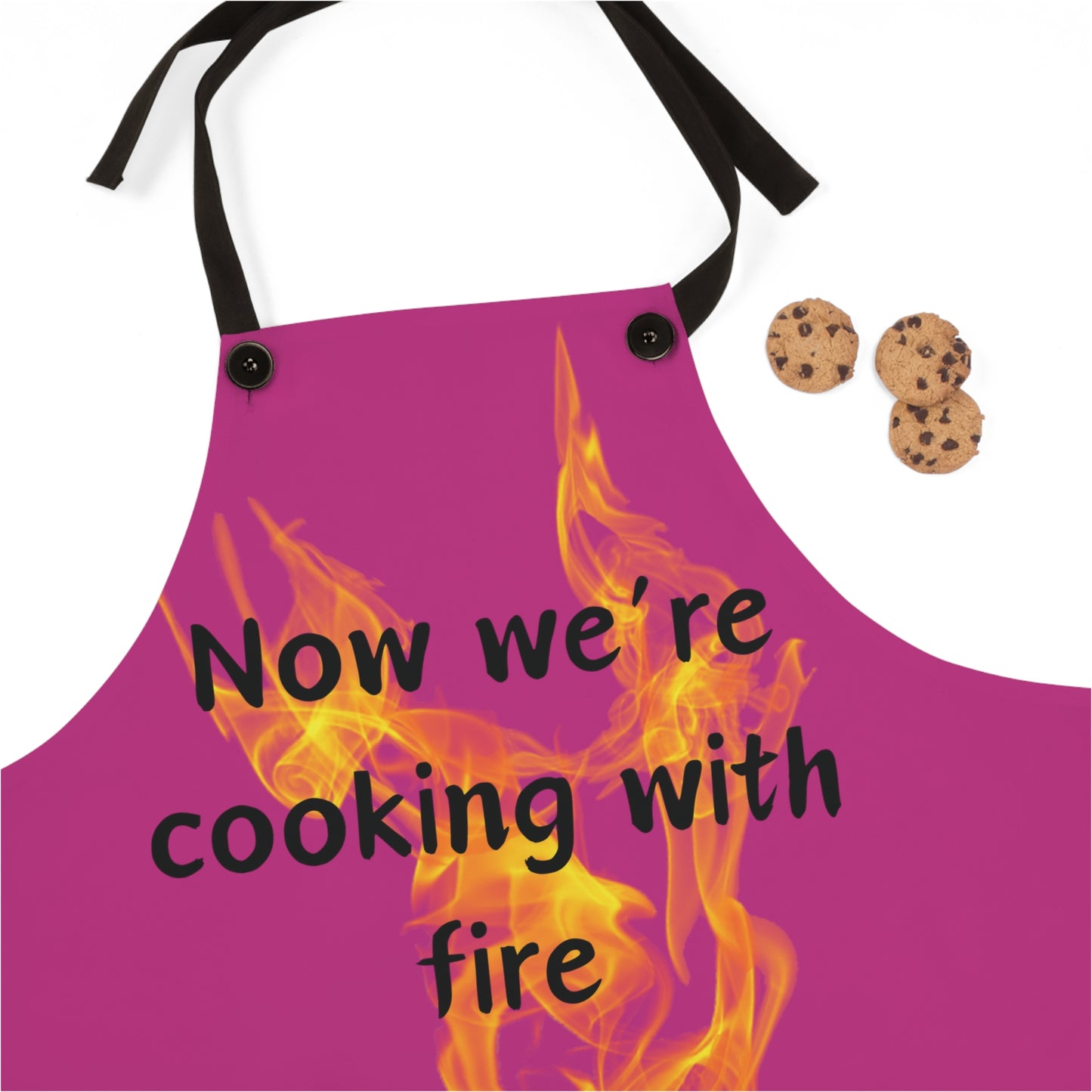 "Now We're Cooking With Fire" (black on dark pink ) Apron FD03bdpk