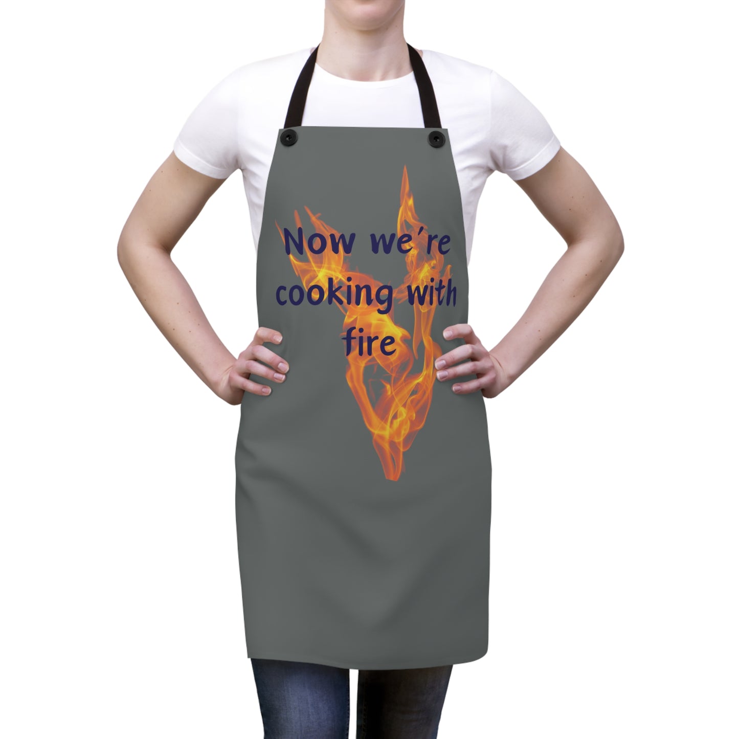 "Now We're Cooking With Fire" (blue on dark gray) Apron CF13bdg