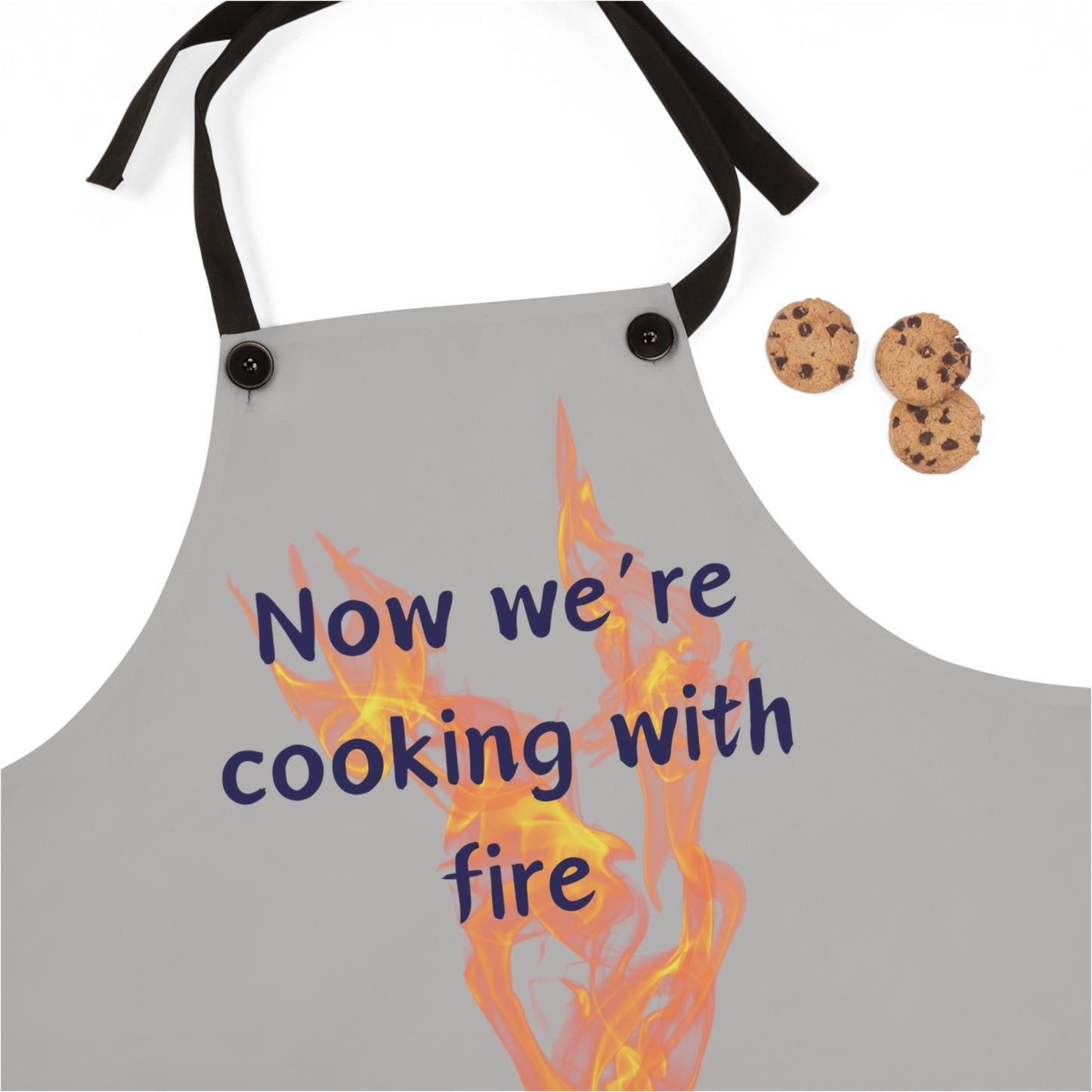 "Now We're Cooking With Fire" (blue on light gray) Apron CF13blg