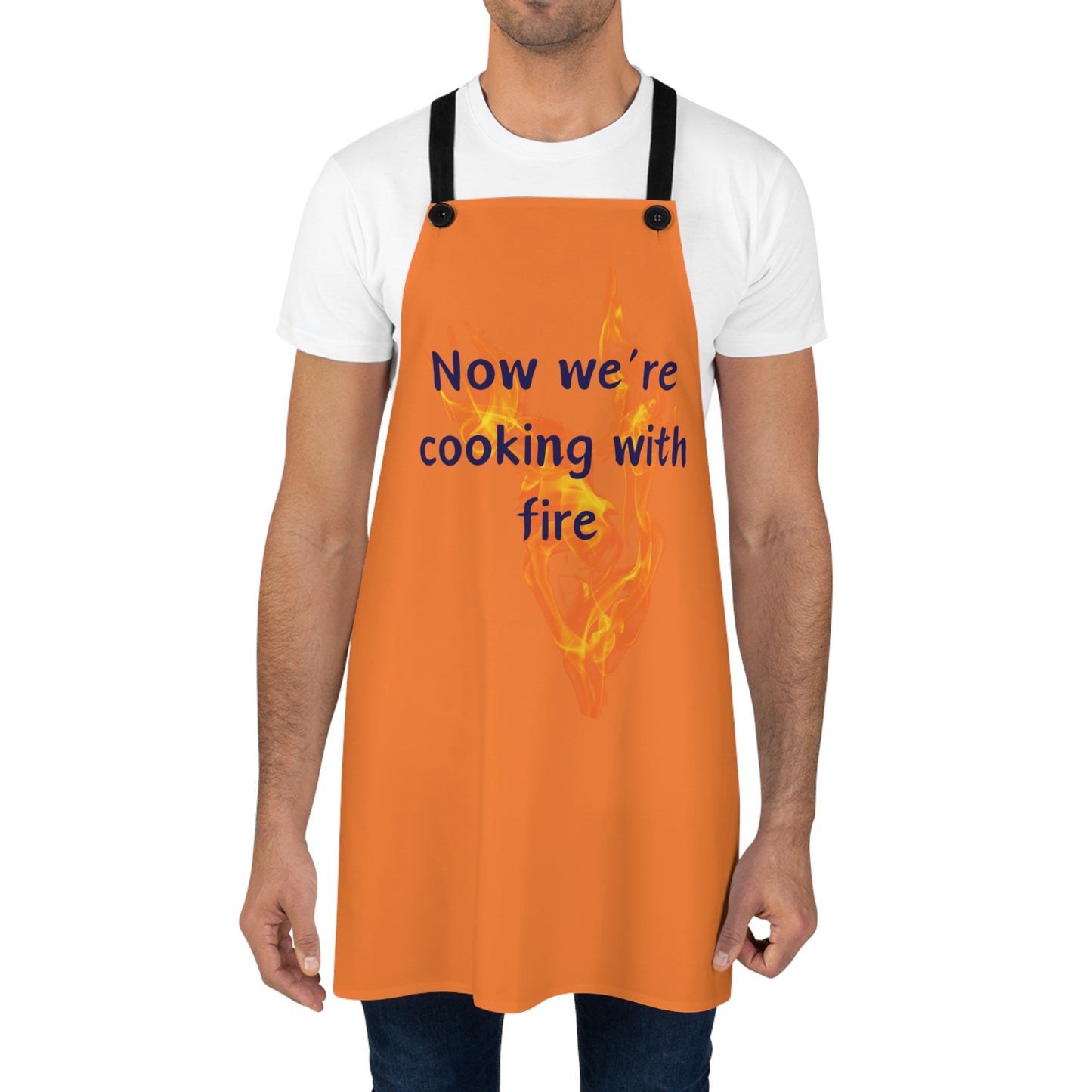 "Now We're Cooking With Fire" (blue on light orange) Apron CF13blo