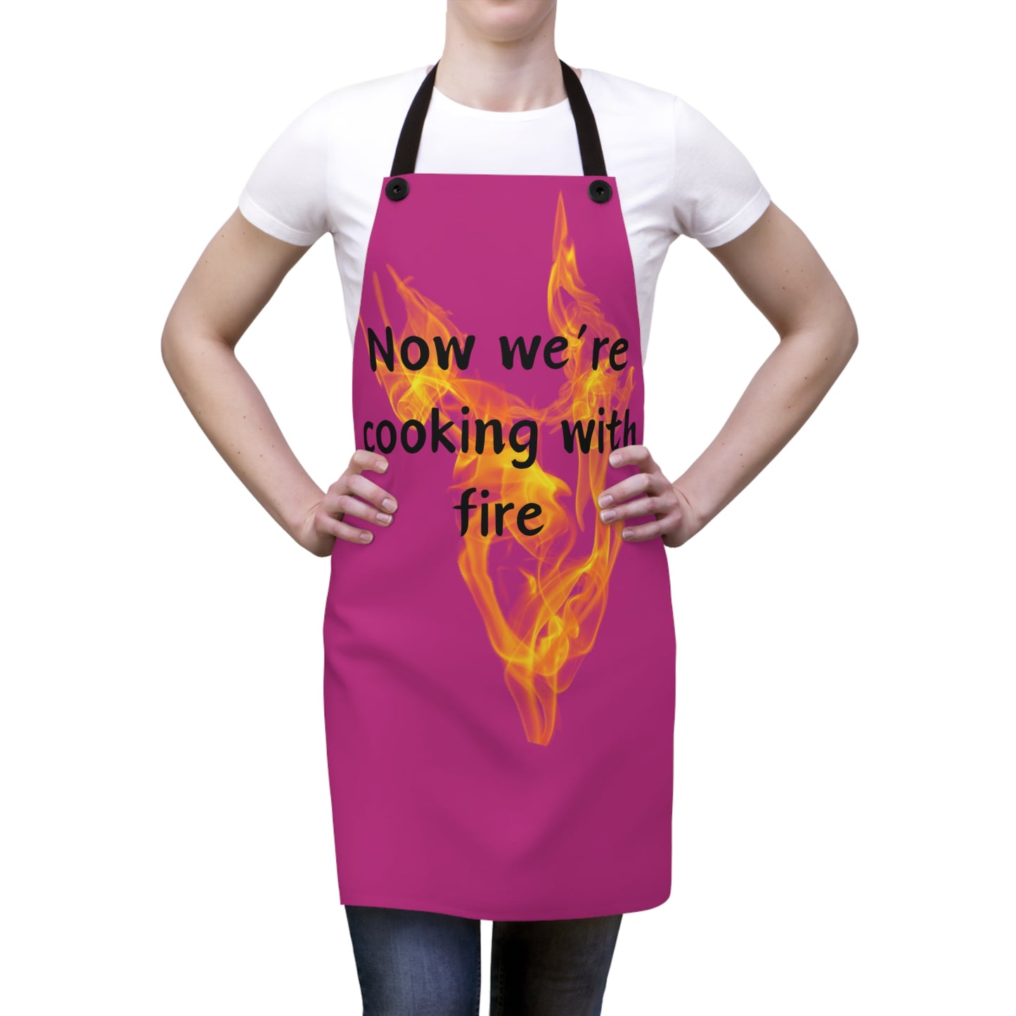 "Now We're Cooking With Fire" (black on dark pink ) Apron FD03bdpk