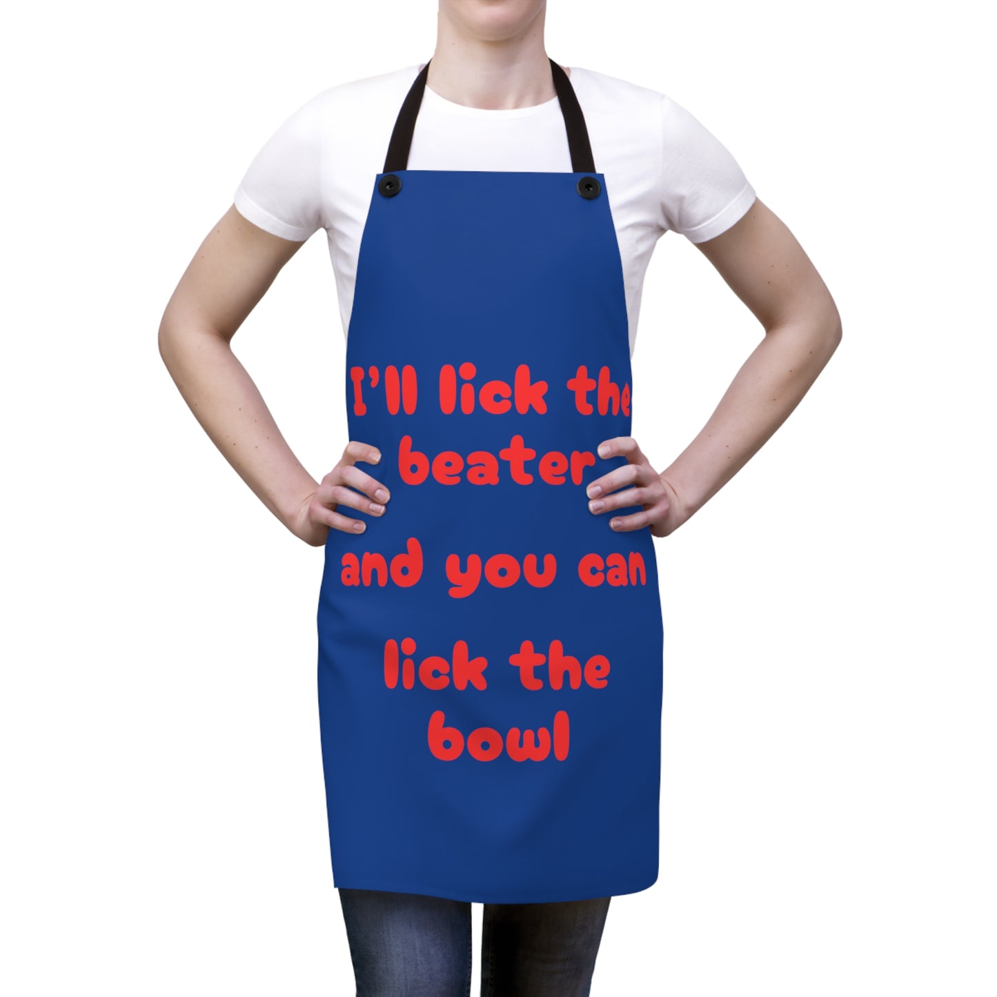 "I'll lick the beater and you can lick the bowl" (red on blue) Apron BB042rbl