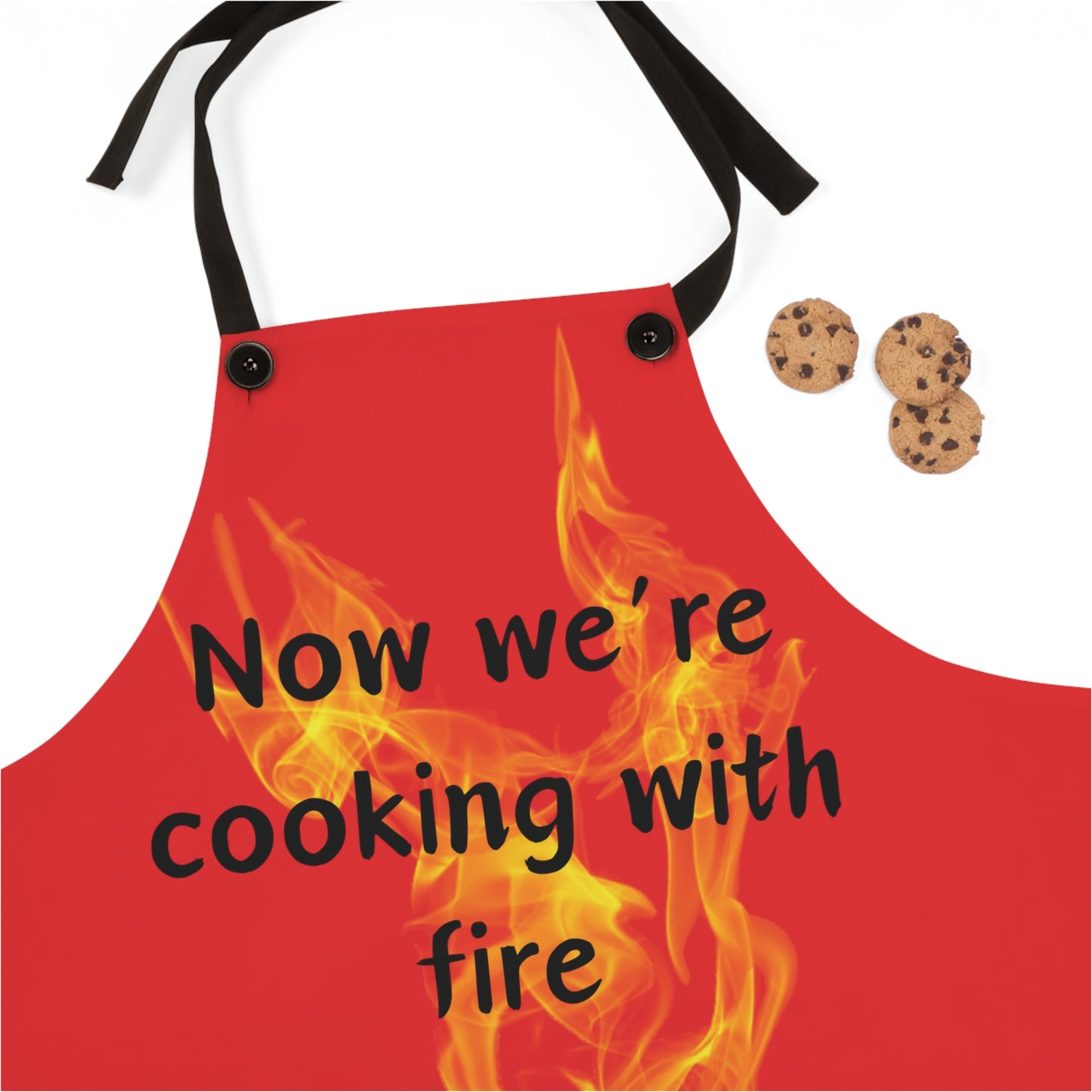 "Now We're Cooking With Fire" (black on red) Apron FD03br