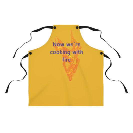 "Now We're Cooking With Fire" (purple on yellow) Apron CF29pply