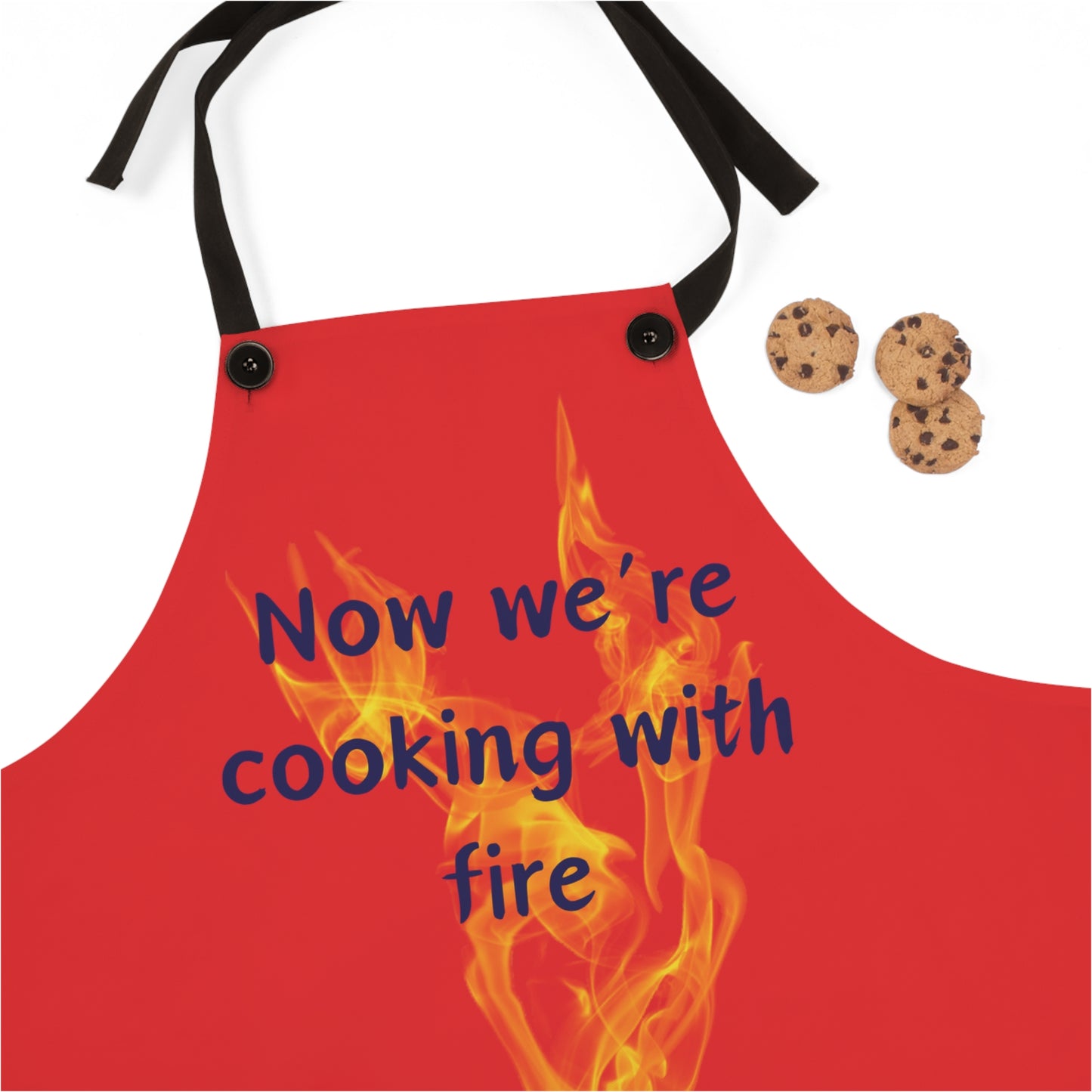 "Now We're Cooking With Fire" (blue on red) Apron CF13br