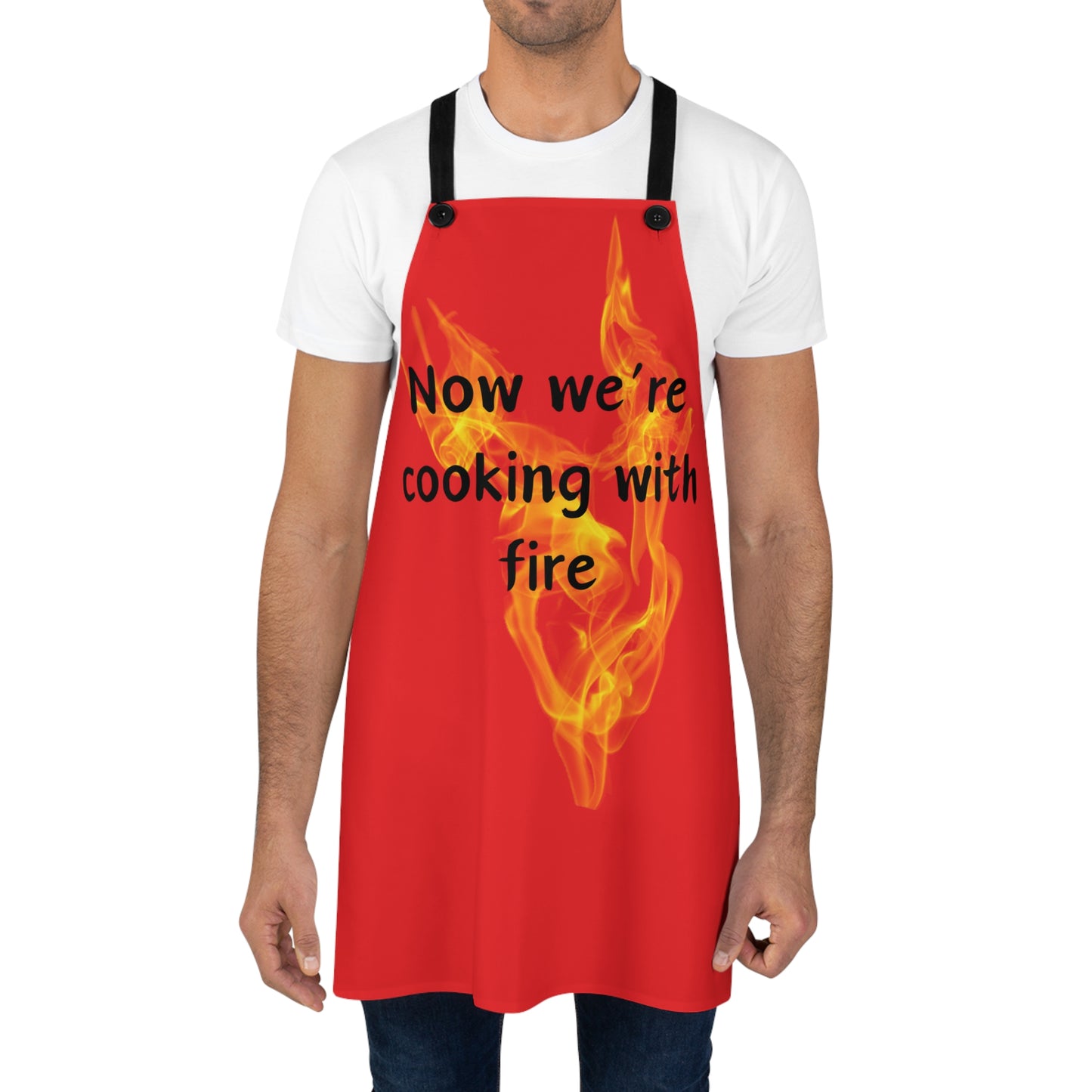 "Now We're Cooking With Fire" (black on red) Apron FD03br