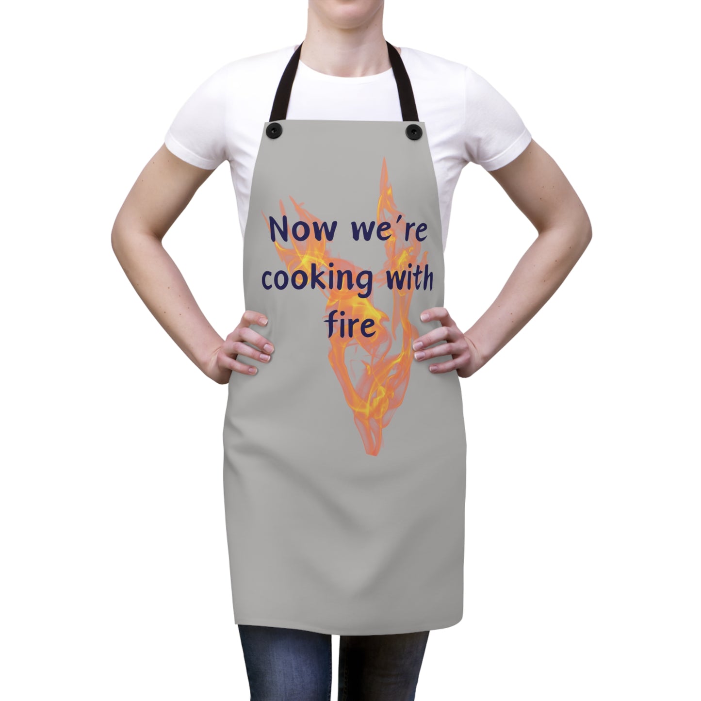 "Now We're Cooking With Fire" (blue on light gray) Apron CF13blg