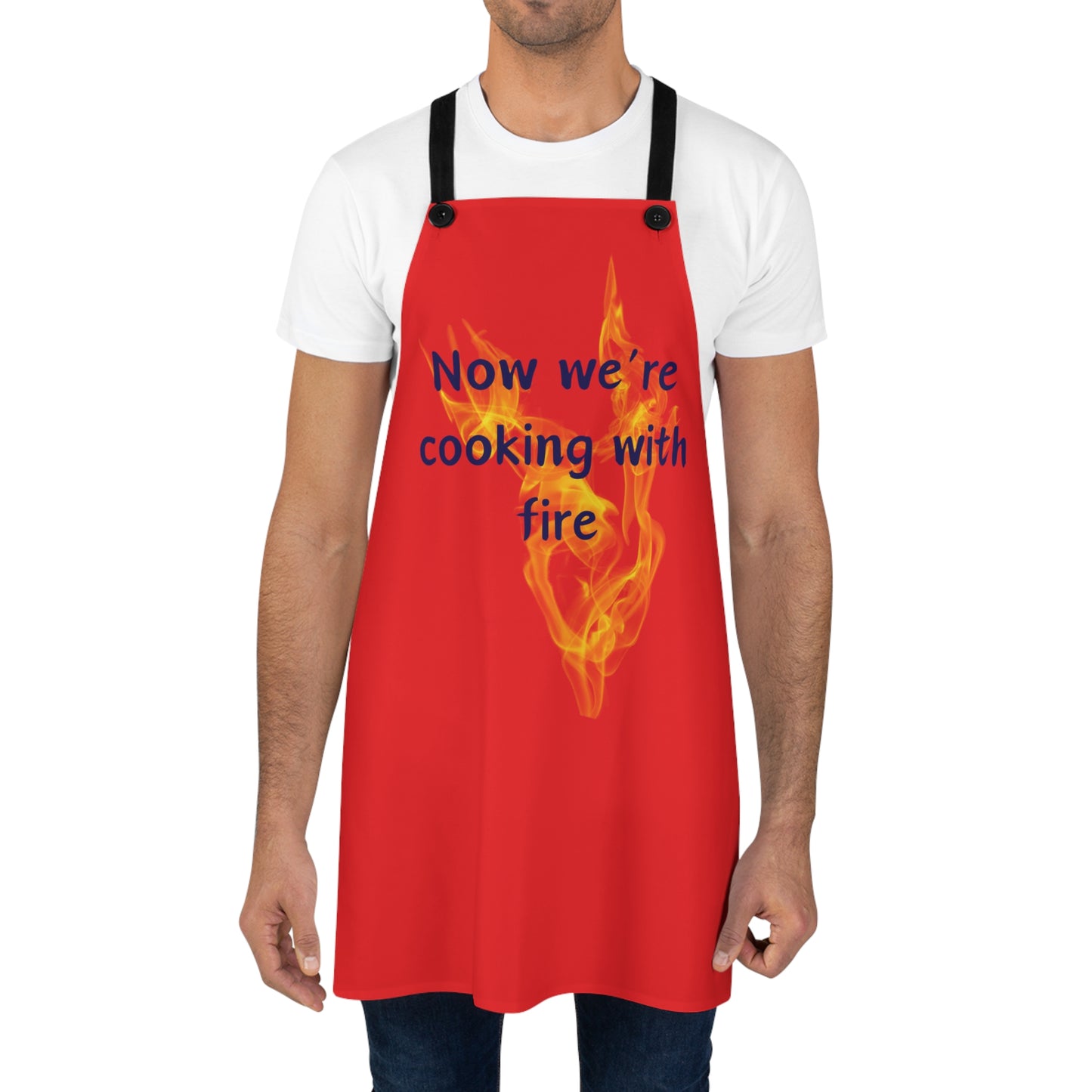 "Now We're Cooking With Fire" (blue on red) Apron CF13br