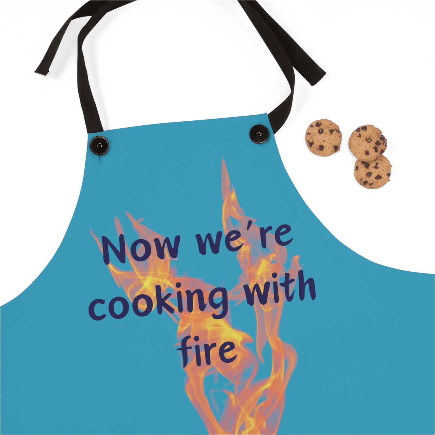 "Now We're Cooking With Fire" (blue on turquoise) Apron CF13btq