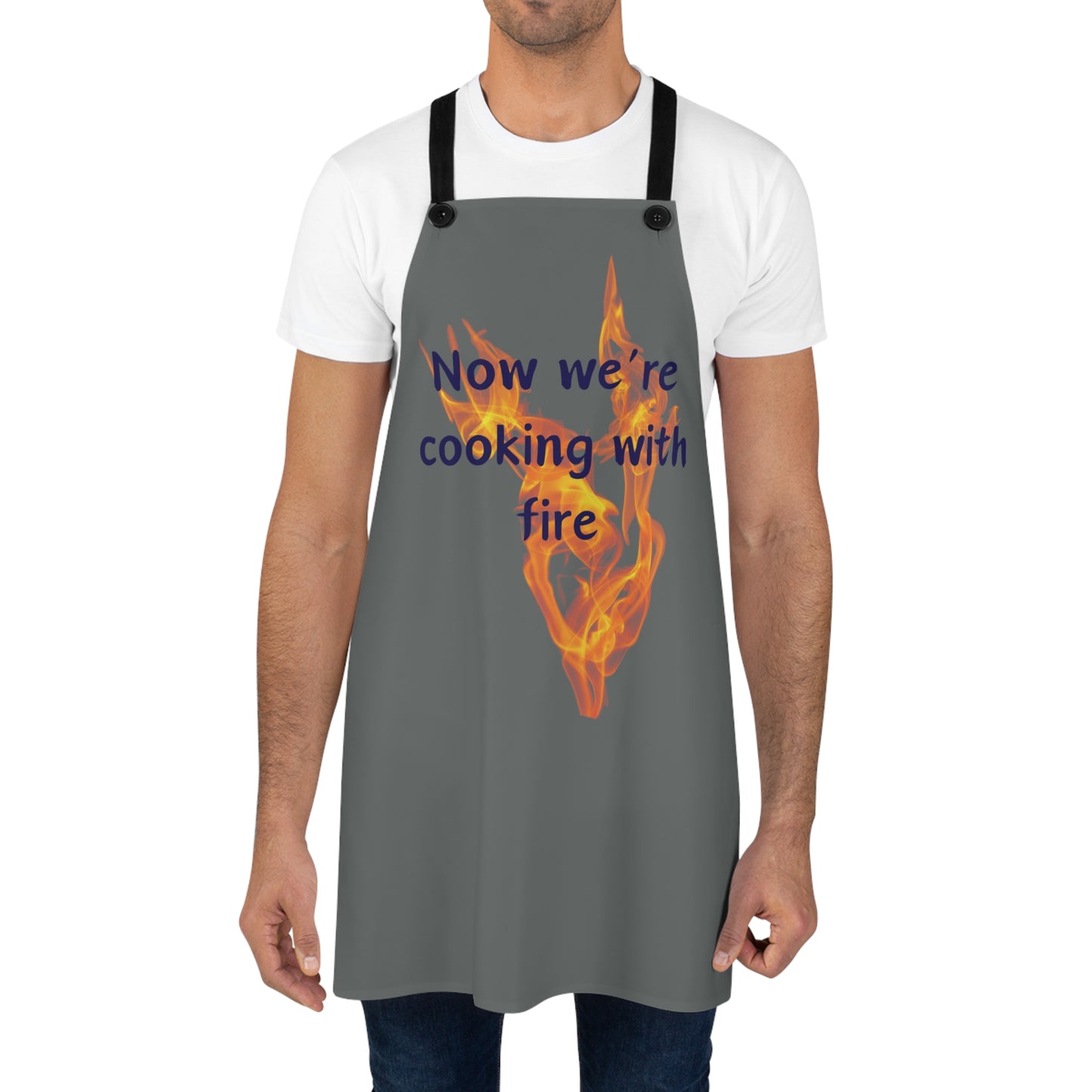 "Now We're Cooking With Fire" (blue on dark gray) Apron CF13bdg