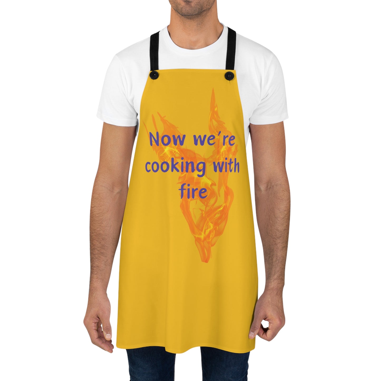 "Now We're Cooking With Fire" (purple on yellow) Apron CF29pply