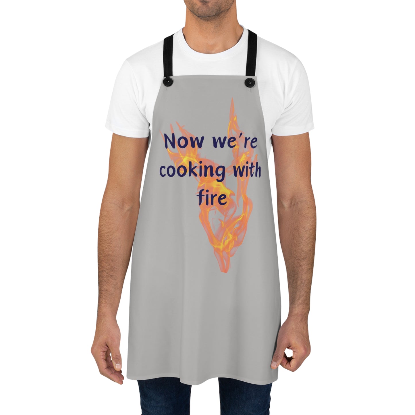 "Now We're Cooking With Fire" (blue on light gray) Apron CF13blg