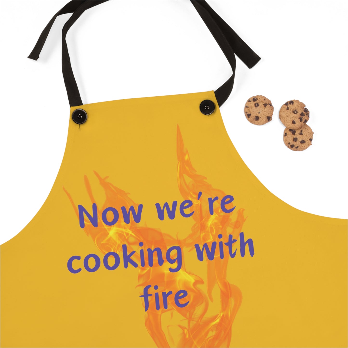 "Now We're Cooking With Fire" (purple on yellow) Apron CF29pply