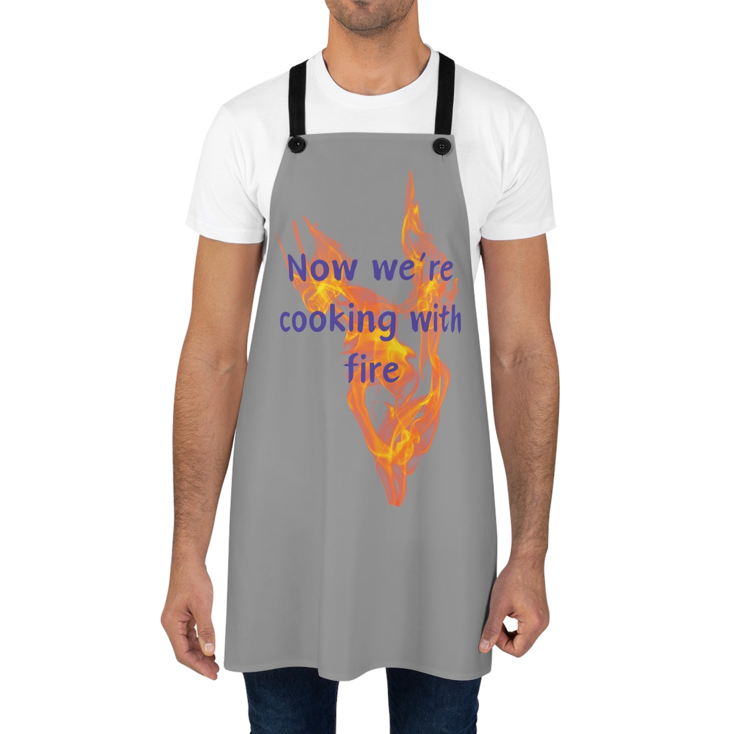 "Now We're Cooking With Fire" (purple on gray) Apron CF29pplg