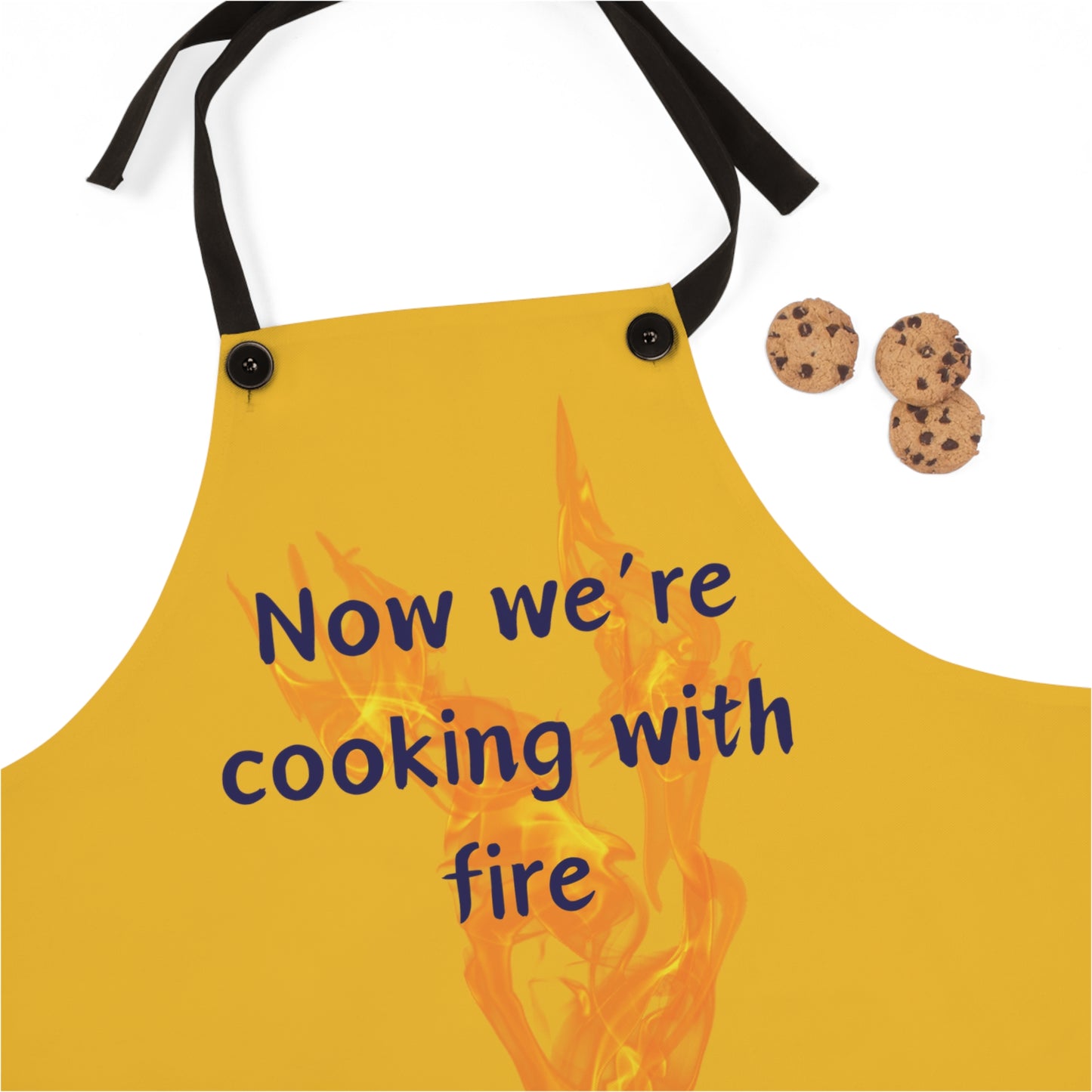 "Now We're Cooking With Fire" (blue on yellow) Apron CF13by