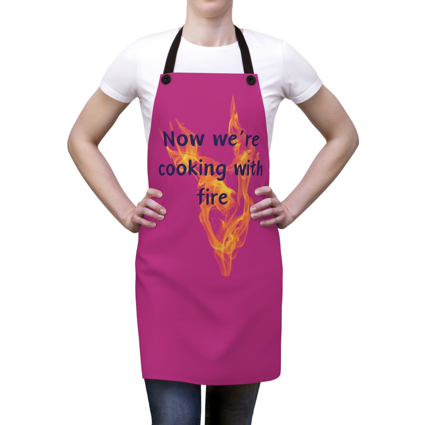 "Now We're Cooking With Fire" (blue on dark pink ) Apron CF13bldpk