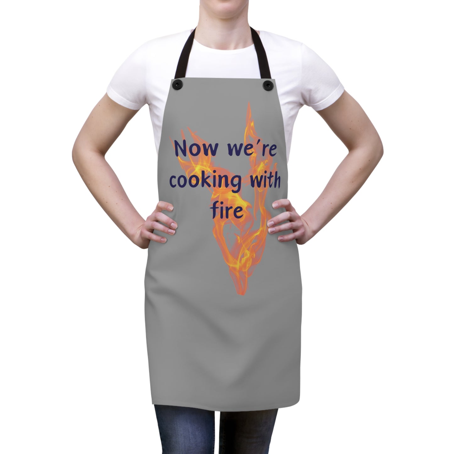 "Now We're Cooking With Fire" (blue on gray) Apron CF13bg