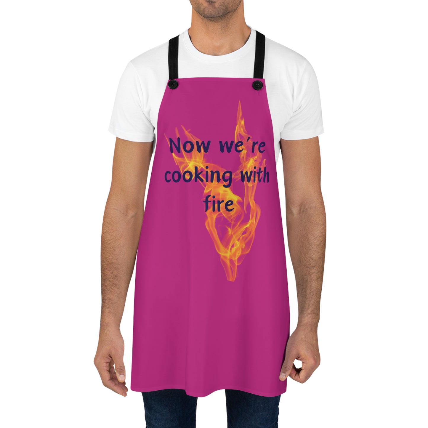 "Now We're Cooking With Fire" (blue on dark pink ) Apron CF13bldpk