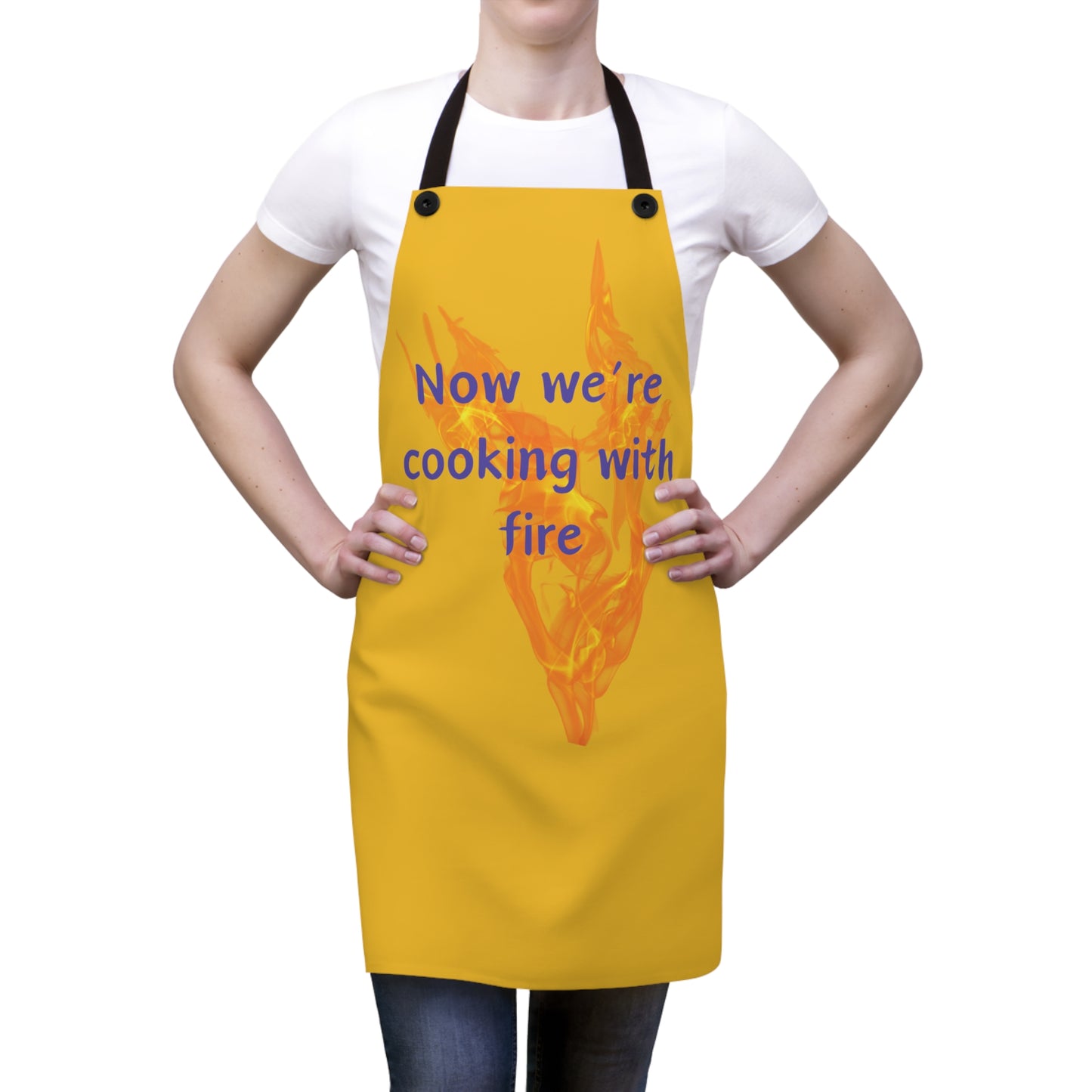 "Now We're Cooking With Fire" (purple on yellow) Apron CF29pply