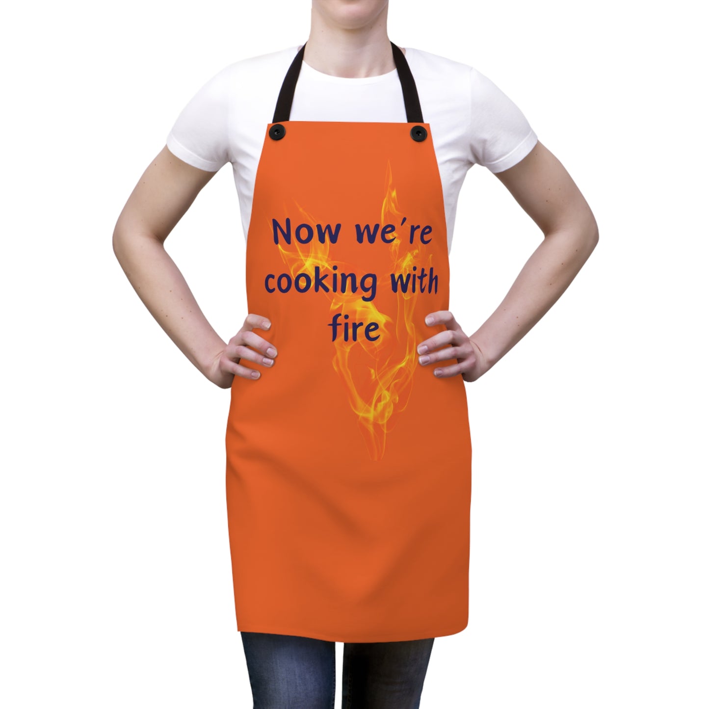"Now We're Cooking With Fire" (blue on orange) Apron CF13bo