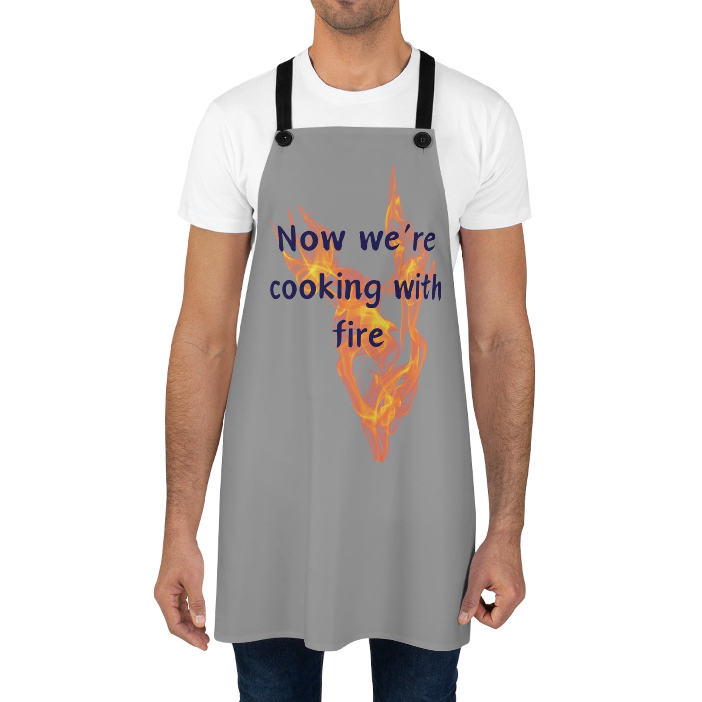 "Now We're Cooking With Fire" (blue on gray) Apron CF13bg