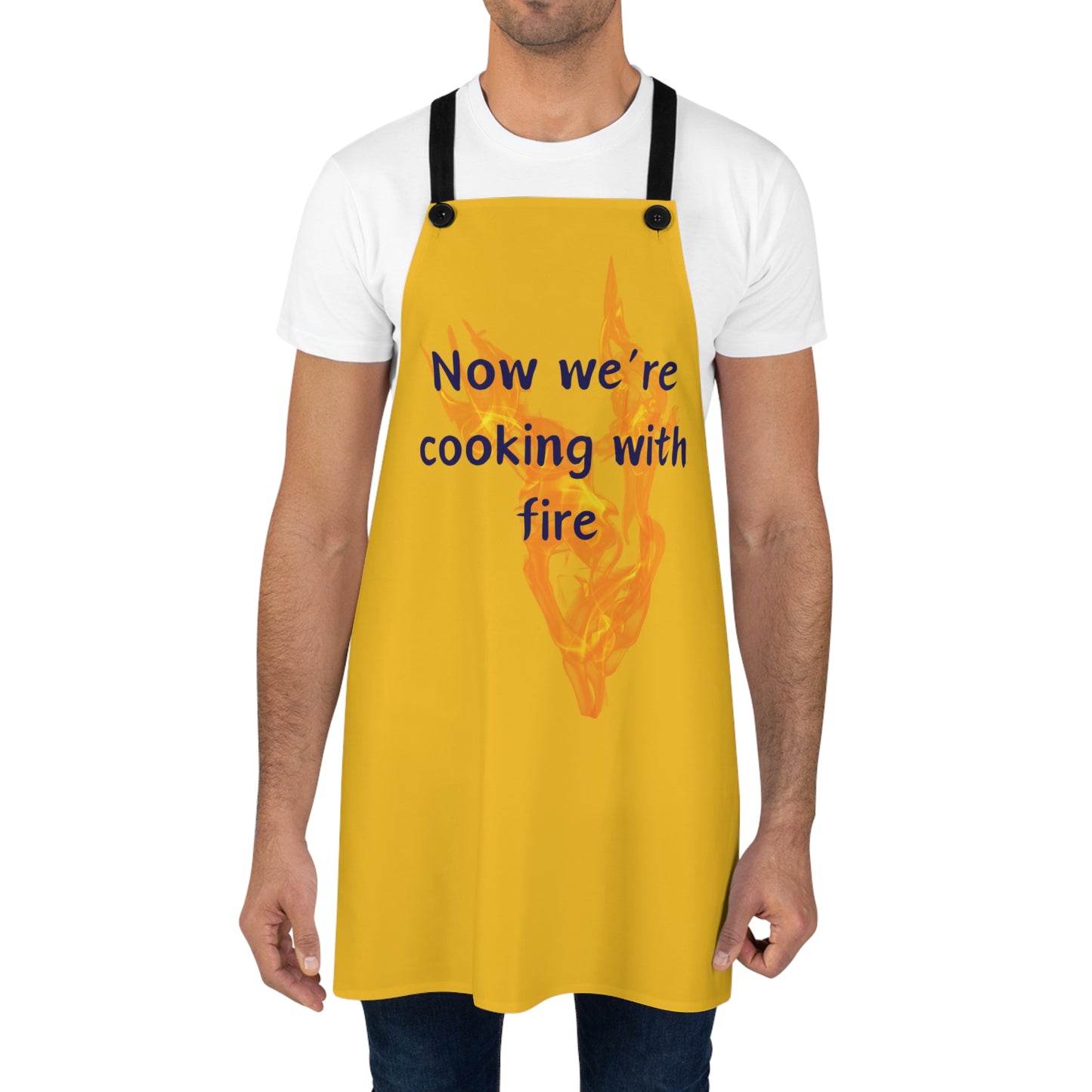 "Now We're Cooking With Fire" (blue on yellow) Apron CF13by