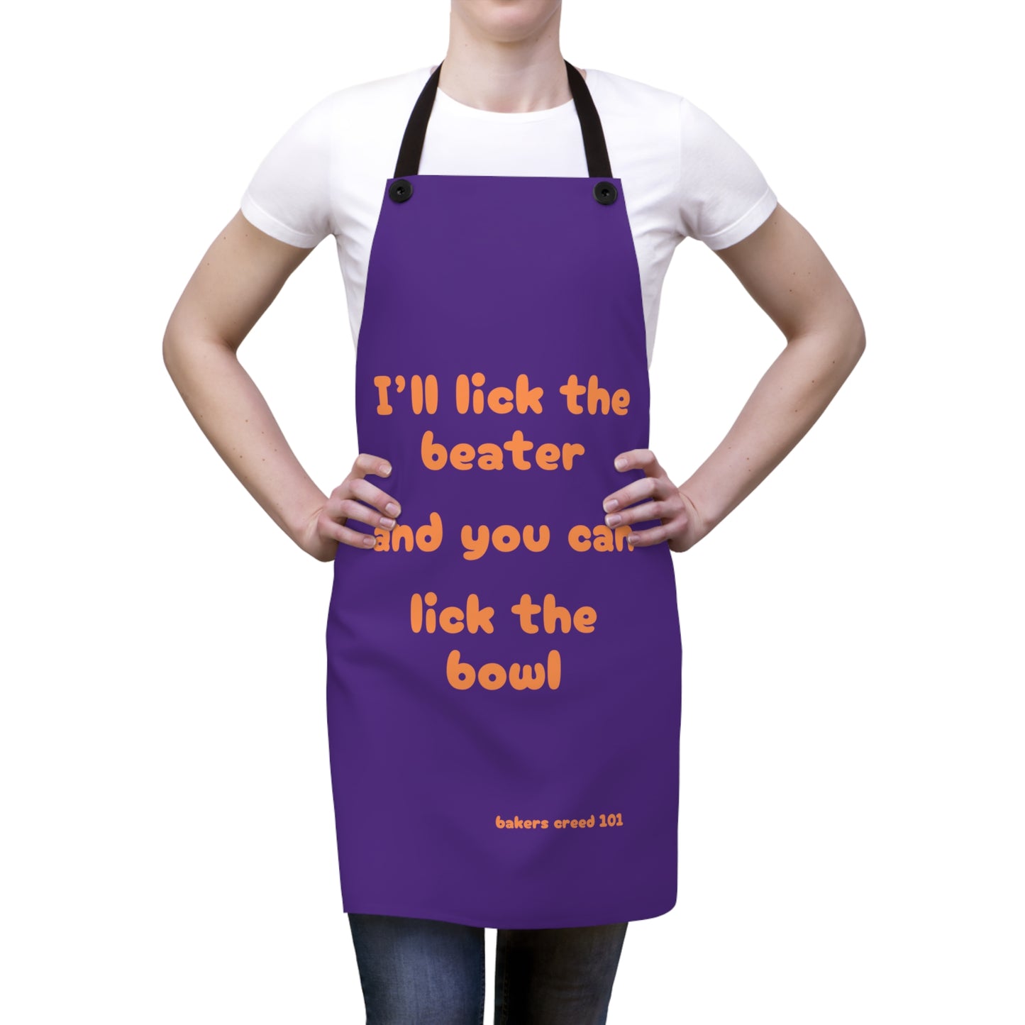 "I'll lick the beater and you can lick the bowl" (orange on purple) Apron BB003op