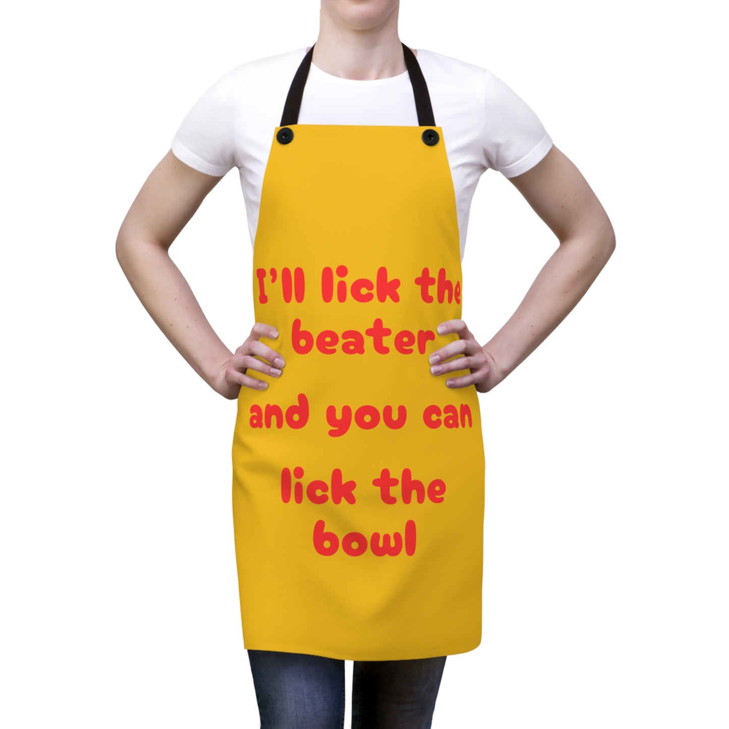 "I'll lick the beater and you can lick the bowl" (red on yellow) Apron BB042ry