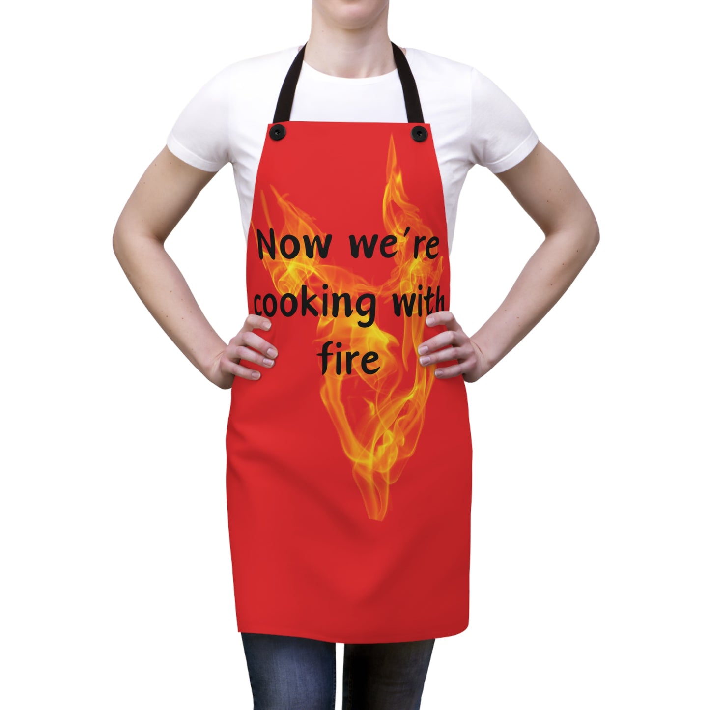 "Now We're Cooking With Fire" (black on red) Apron FD03br