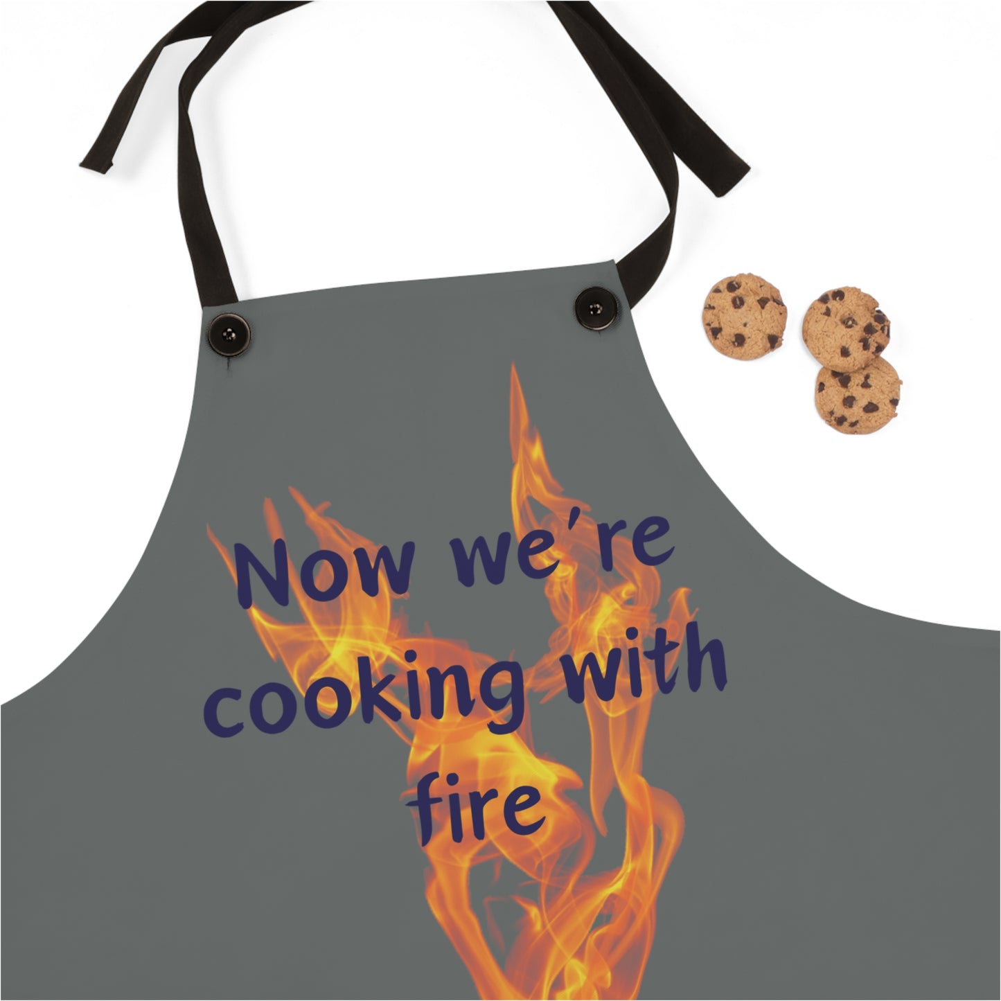 "Now We're Cooking With Fire" (blue on dark gray) Apron CF13bdg