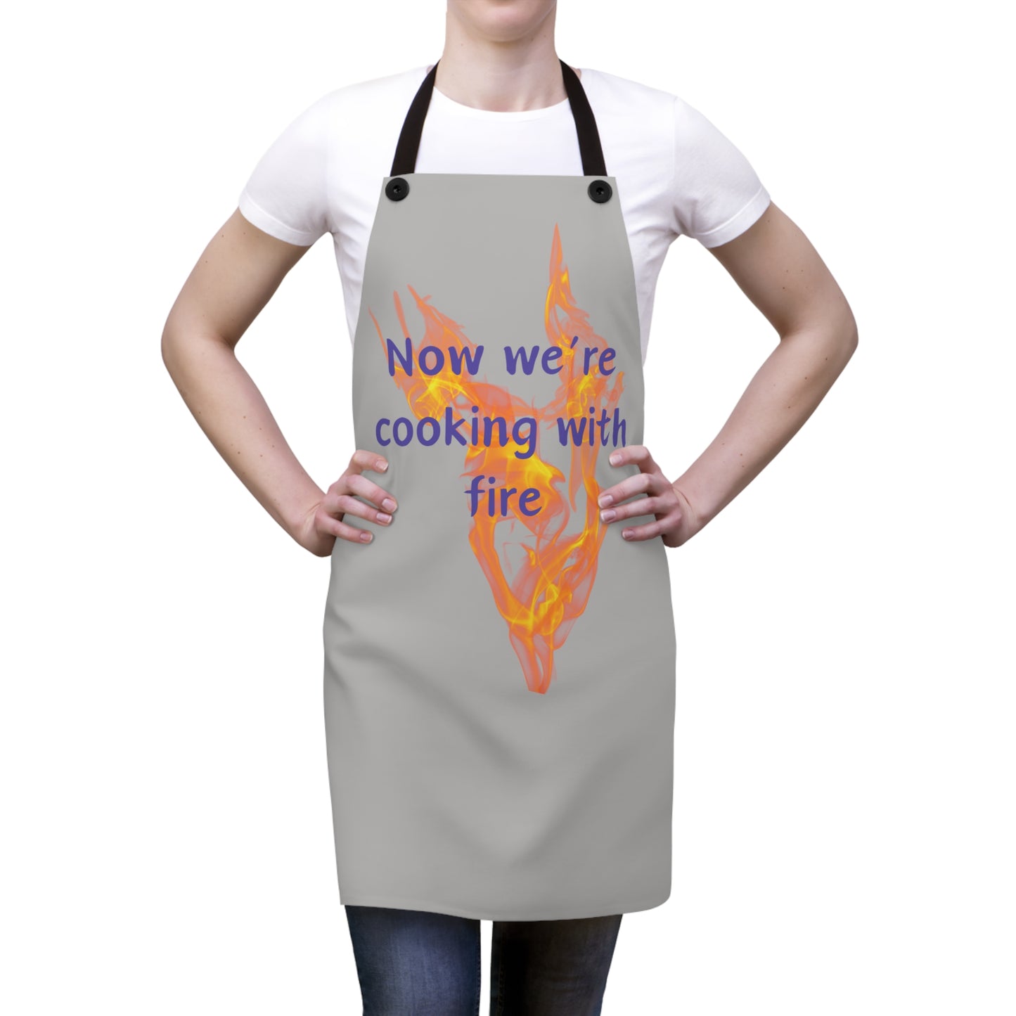 "Now We're Cooking With Fire" (purple on light gray) Apron CF29ppllg