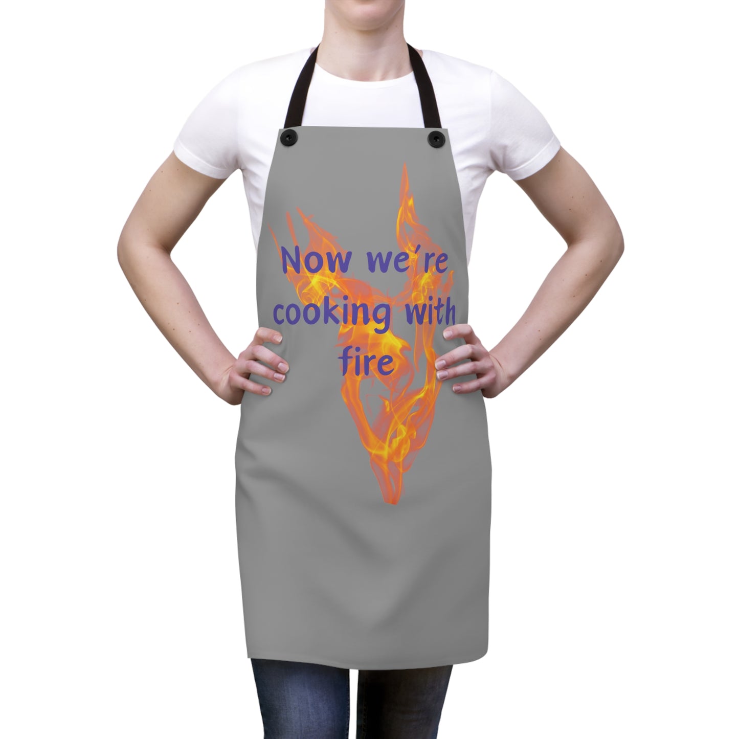 "Now We're Cooking With Fire" (purple on gray) Apron CF29pplg