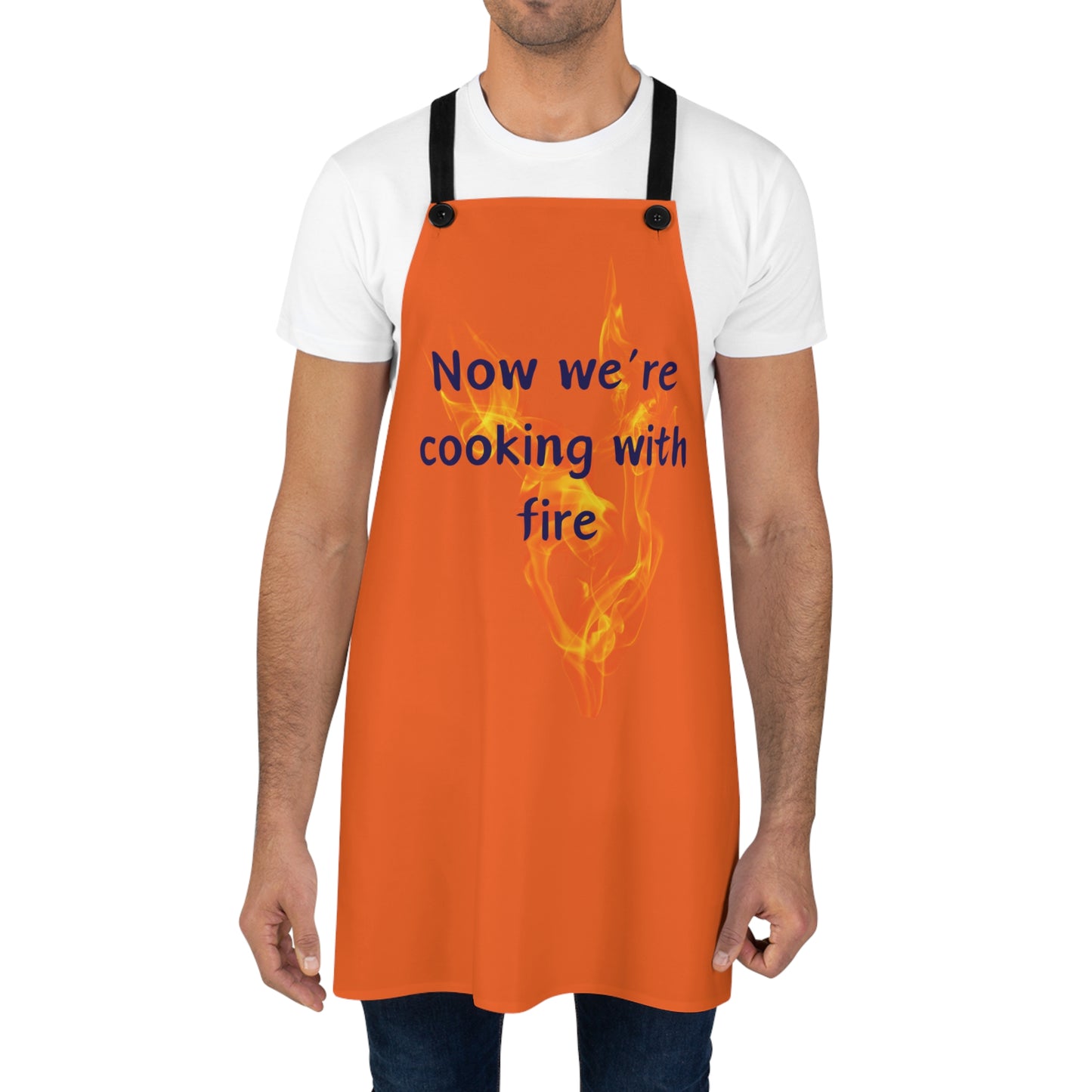 "Now We're Cooking With Fire" (blue on orange) Apron CF13bo
