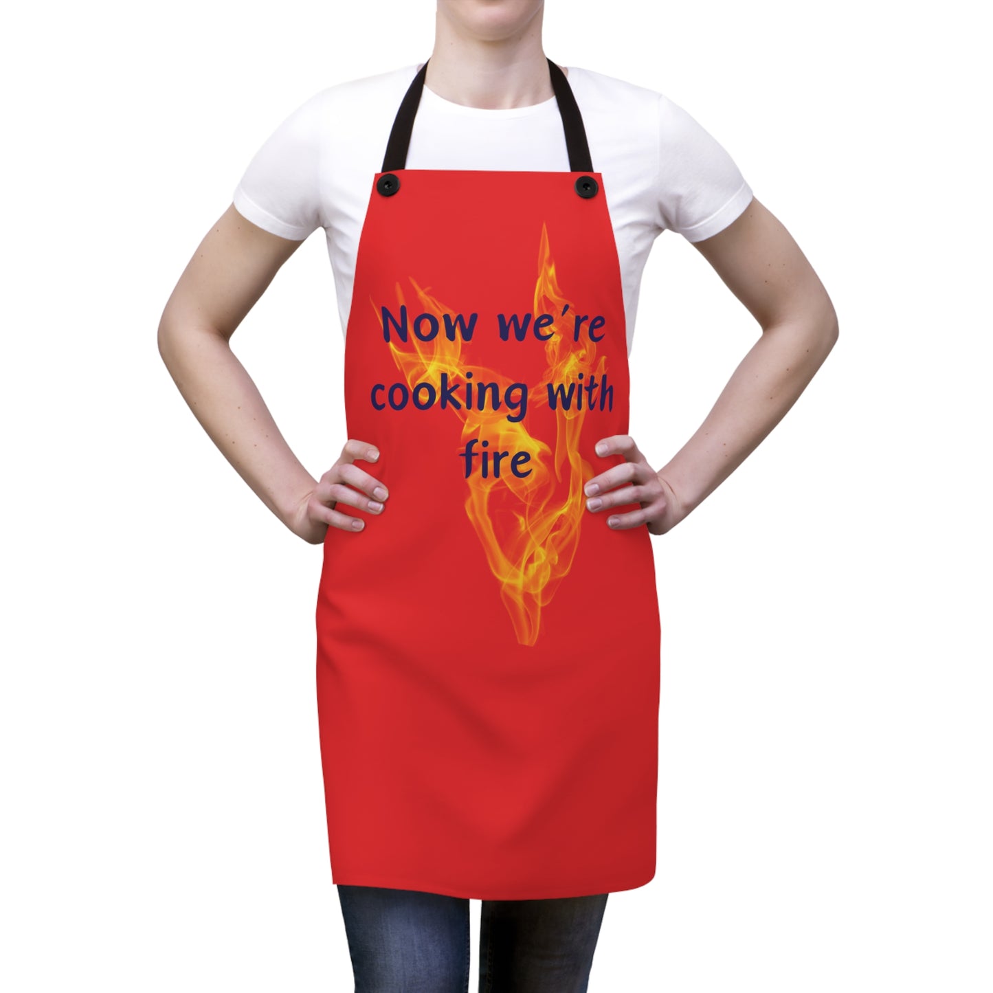 "Now We're Cooking With Fire" (blue on red) Apron CF13br