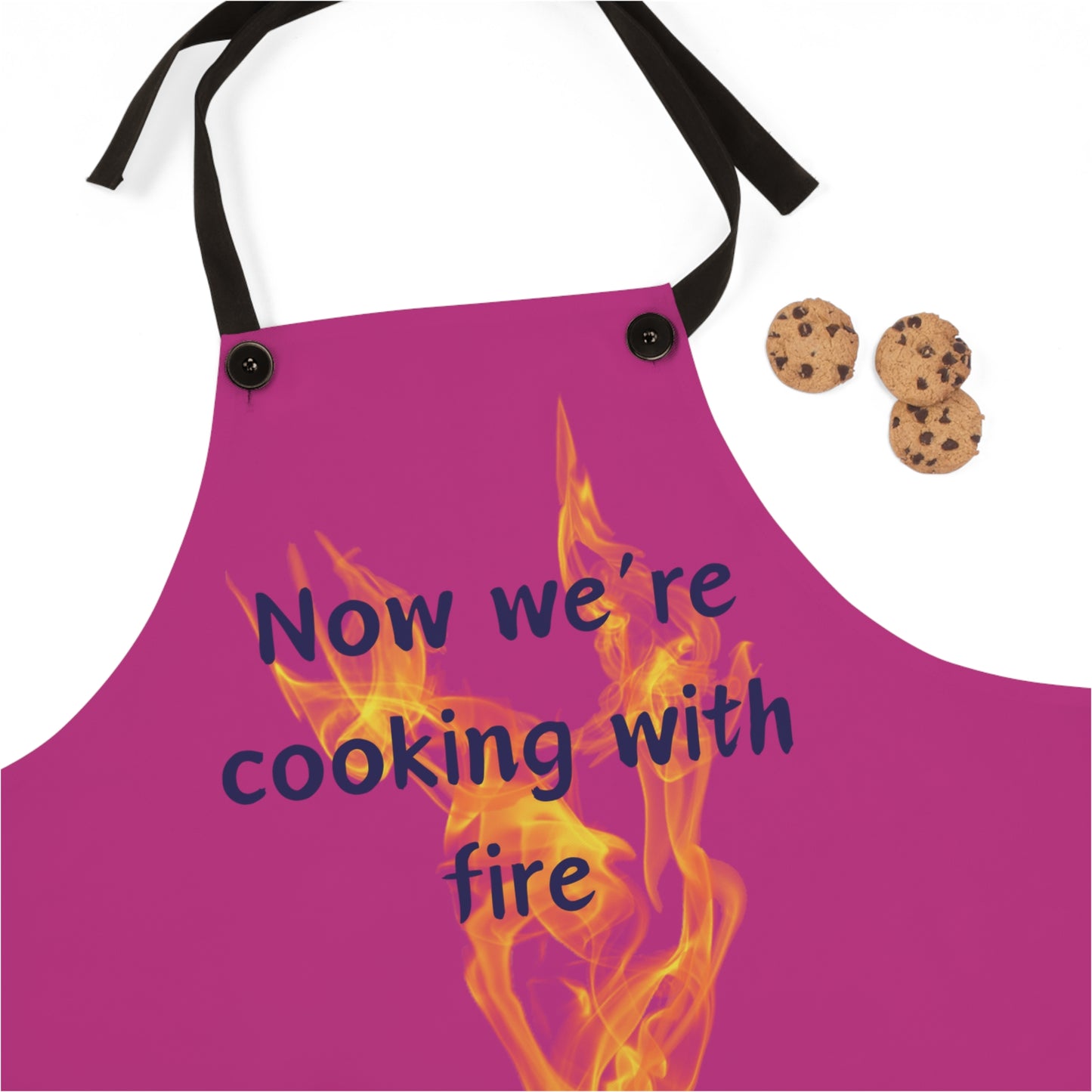 "Now We're Cooking With Fire" (blue on dark pink ) Apron CF13bldpk