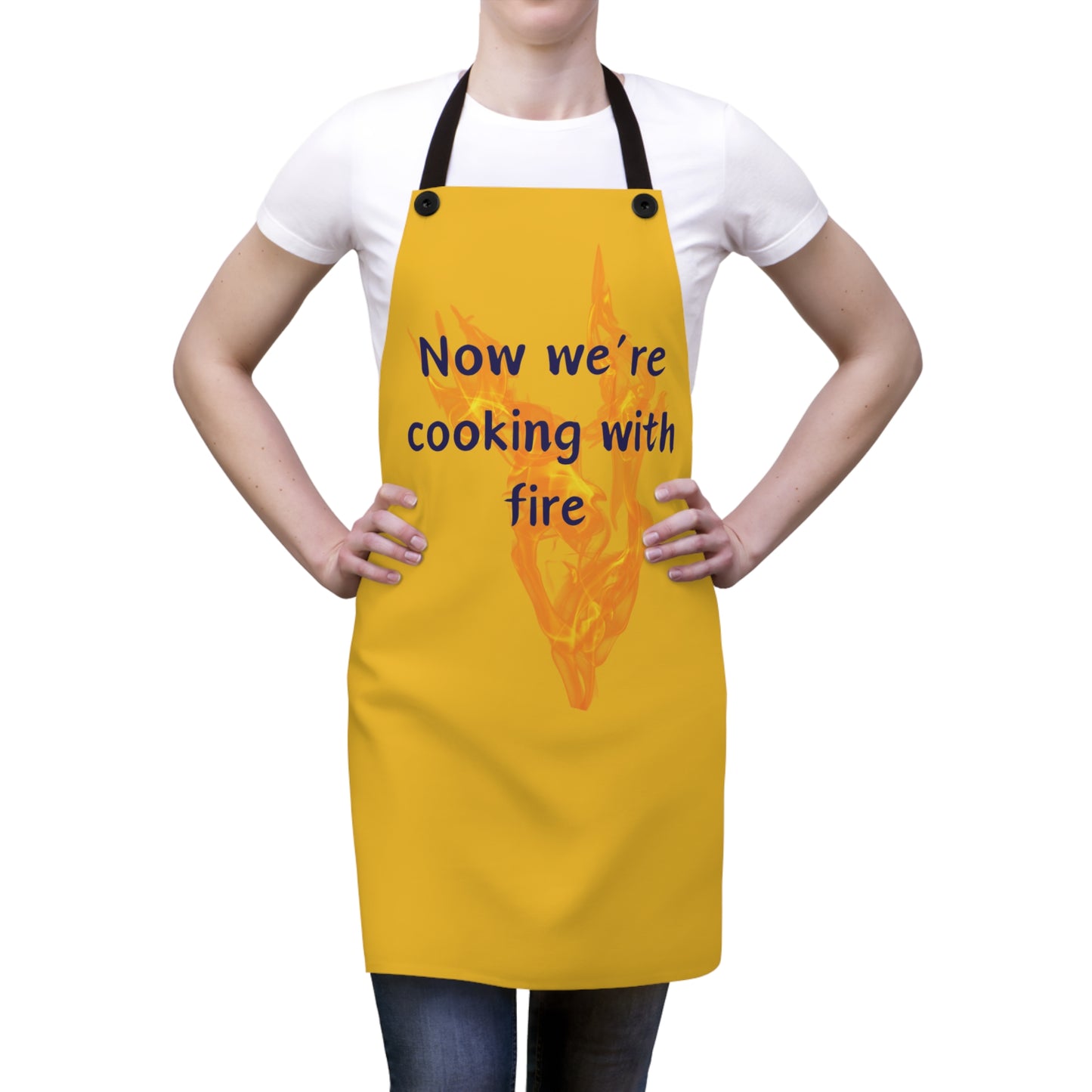 "Now We're Cooking With Fire" (blue on yellow) Apron CF13by