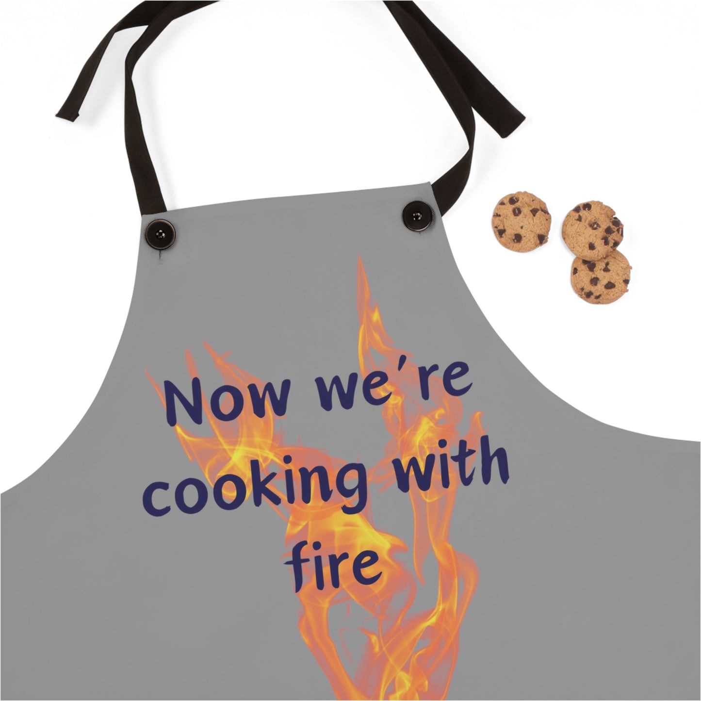 "Now We're Cooking With Fire" (blue on gray) Apron CF13bg